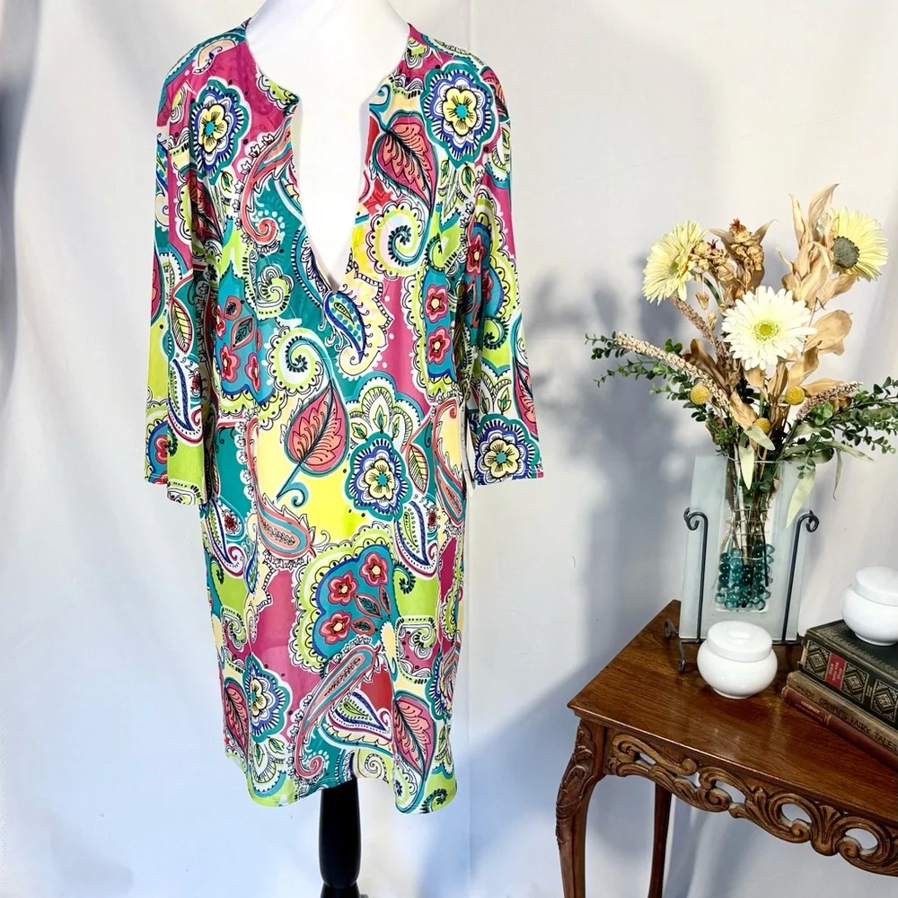NWT Anne Cole Multicolor Paisley Print Swim Cover-Up Lightweight Dress Sz L/XL💛 - Picture 2 of 11